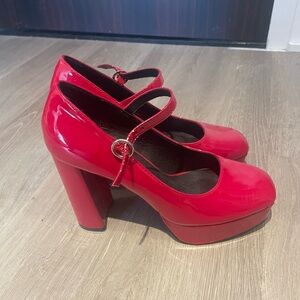 Glossy Red Chunky Heel Mary Jane Shoes